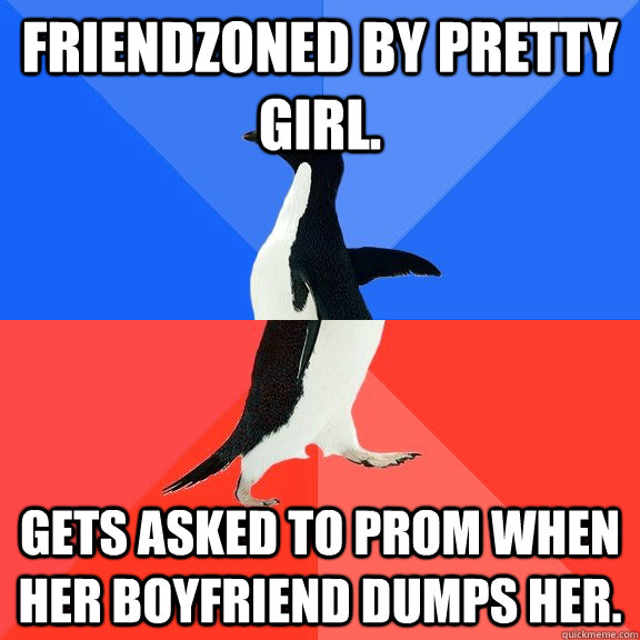 Friendzoned by pretty girl. gets asked to prom when her boyfriend dumps her.  Socially Awkward Awesome Penguin
