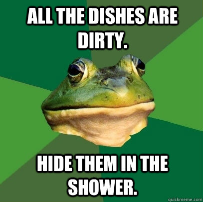 All the dishes are dirty. Hide them in the shower.   Foul Bachelor Frog