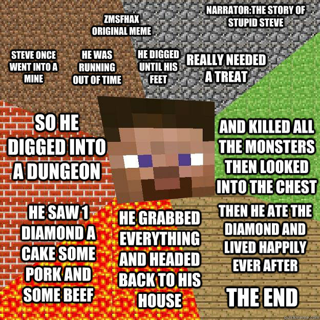 Narrator:The story of stupid steve steve once went into a mine he was running out of time He digged until his feet Really needed a treat so he digged into a dungeon and killed all the monsters then looked into the chest he saw 1 diamond a cake some pork a  Minecraft