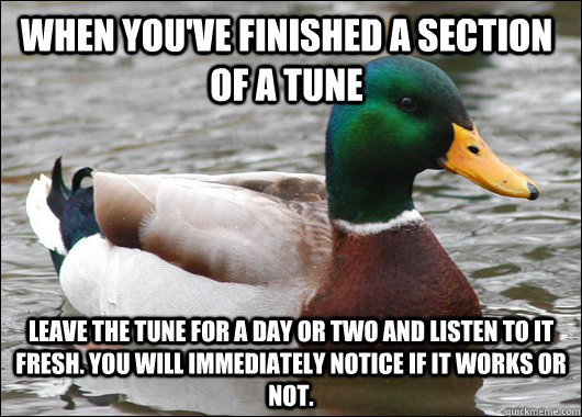 When you've finished a section of a tune Leave the tune for a day or two and listen to it fresh. You will immediately notice if it works or not.  Actual Advice Mallard