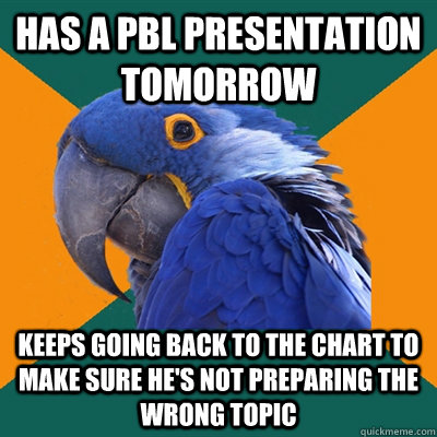 has a PBL presentation tomorrow  keeps going back to the chart to make sure he's not preparing the wrong topic  Paranoid Parrot