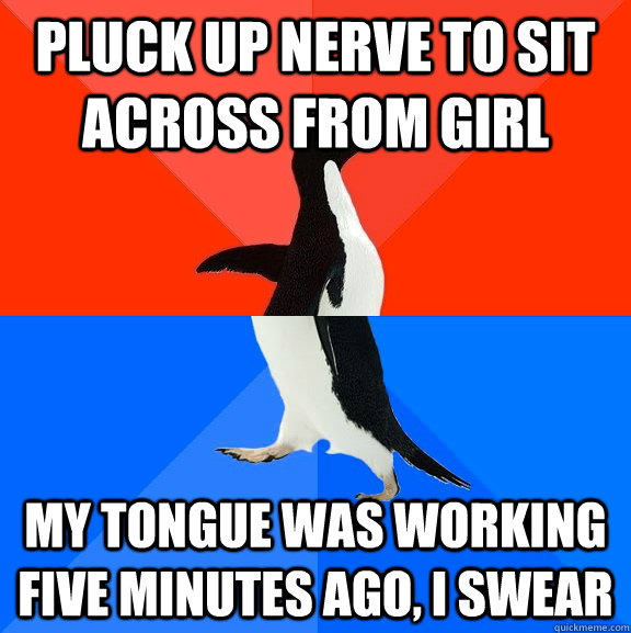 pluck up nerve to sit across from girl my tongue was working five minutes ago, I swear  Socially Awesome Awkward Penguin