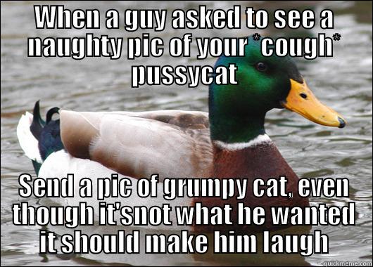 WHEN A GUY ASKED TO SEE A NAUGHTY PIC OF YOUR *COUGH* PUSSYCAT SEND A PIC OF GRUMPY CAT, EVEN THOUGH IT'SNOT WHAT HE WANTED IT SHOULD MAKE HIM LAUGH Actual Advice Mallard