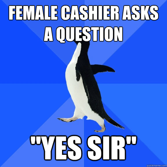 Female cashier asks 
a question 