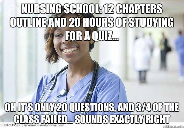 Nursing school: 12 chapters outline and 20 hours of studying for a quiz... Oh it's only 20 questions, and 3/4 of the  class failed... Sounds exactly right  Nursing Student