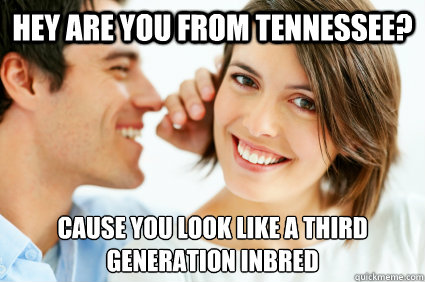 Hey are you from tennessee? cause you look like a third generation inbred  Bad Pick-up line Paul