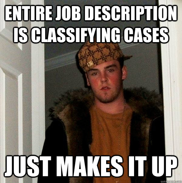 Entire job description is classifying cases just makes it up  Scumbag Steve