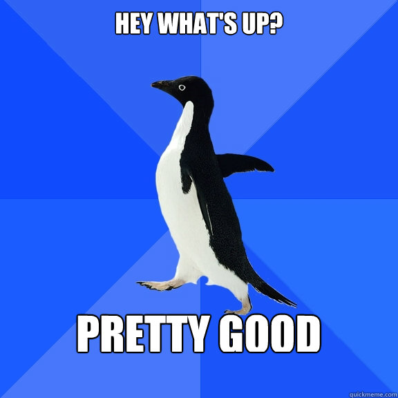 Hey what's up?  Pretty good   Socially Awkward Penguin