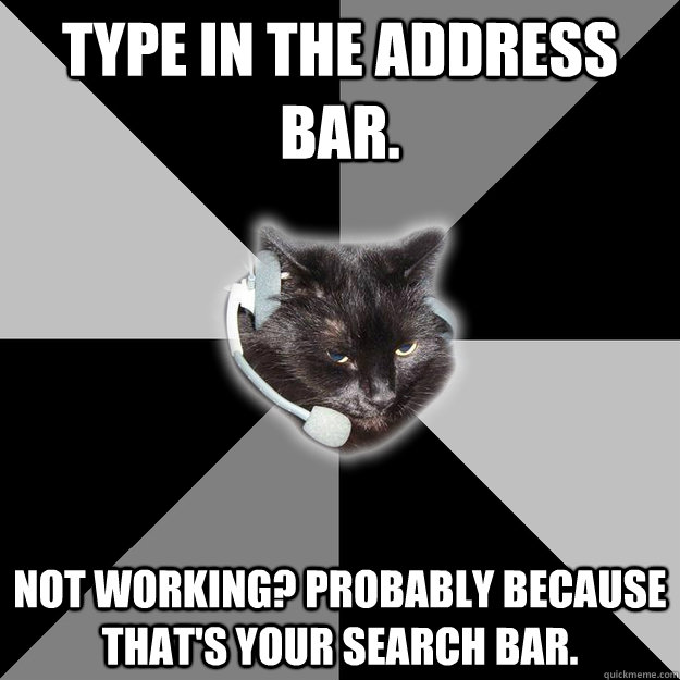 type in the address bar. not working? probably because that's your search bar.  Tech Support Cat