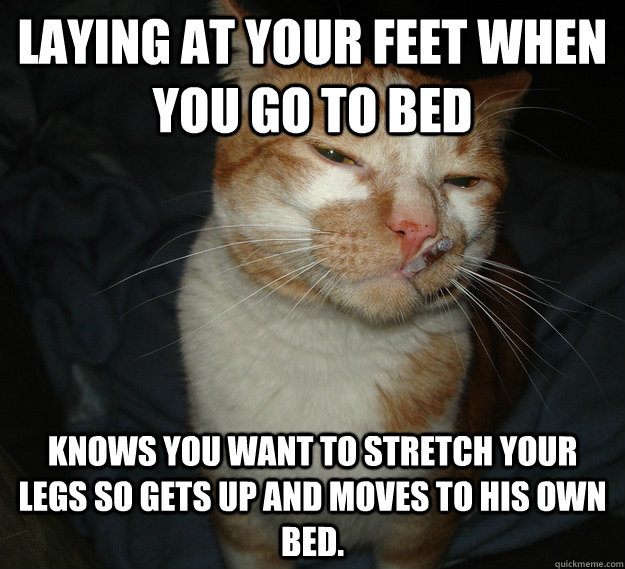 Laying at your feet when you go to bed knows you want to stretch your legs so gets up and moves to his own bed.  Good Guy Cat