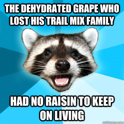 THE DEHYDRATED GRAPE WHO LOST HIS TRAIL MIX FAMILY HAD NO RAISIN TO KEEP ON LIVING  Lame Pun Coon