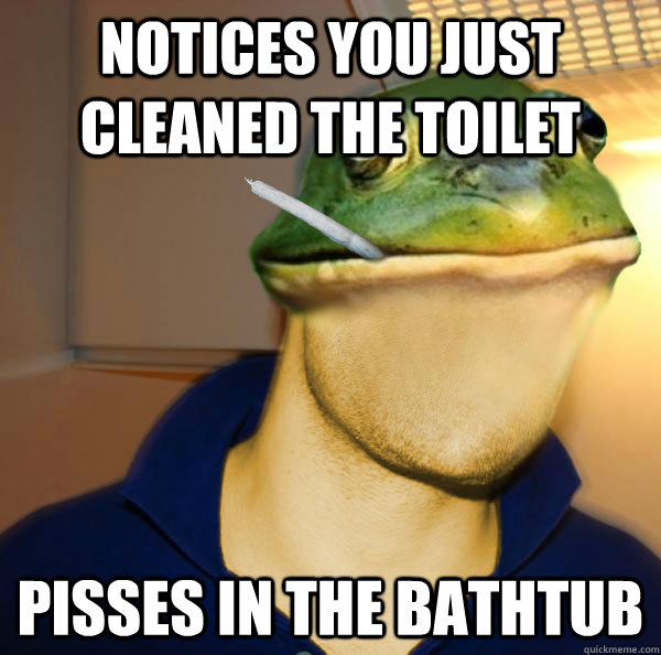 Notices you just cleaned the toilet Pisses in the bathtub - Notices you just cleaned the toilet Pisses in the bathtub  Good Guy Foul Bachelor Frog