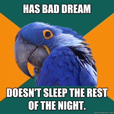 Has bad dream Doesn't sleep the rest of the night.  Paranoid Parrot