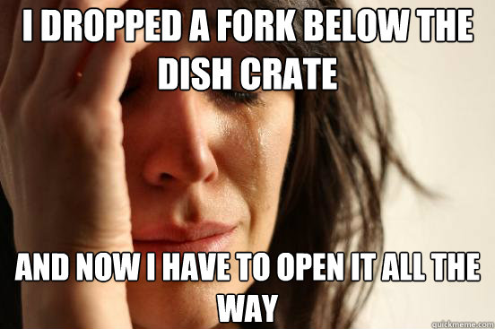 I dropped a fork below the dish crate And now I have to open it all the way  First World Problems