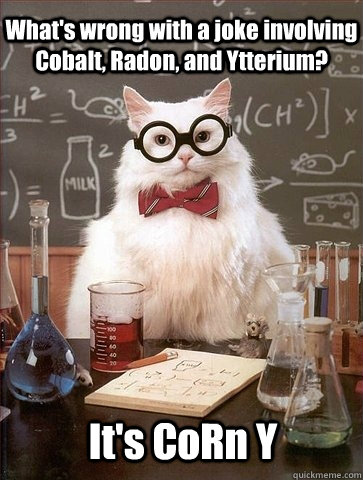 What's wrong with a joke involving Cobalt, Radon, and Ytterium? It's CoRn Y  Chemistry Cat