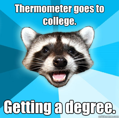 Thermometer goes to college. Getting a degree.  Lame Pun Coon