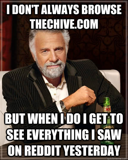 i DON'T ALWAYS BROWSE THECHIVE.COM but when I do I GET TO SEE EVERYTHING I SAW ON REDDIT YESTERDAY - i DON'T ALWAYS BROWSE THECHIVE.COM but when I do I GET TO SEE EVERYTHING I SAW ON REDDIT YESTERDAY  The Most Interesting Man In The World