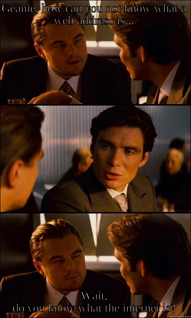 GEANIE, HOW CAN YOU NOT KNOW WHAT A WEB ADDRESS IS... WAIT, DO YOU KNOW WHAT THE INTERNET IS? Inception