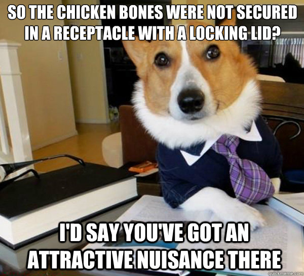so the chicken bones were not secured in a receptacle with a locking lid? I'd say you've got an attractive nuisance there - so the chicken bones were not secured in a receptacle with a locking lid? I'd say you've got an attractive nuisance there  Lawyer Dog