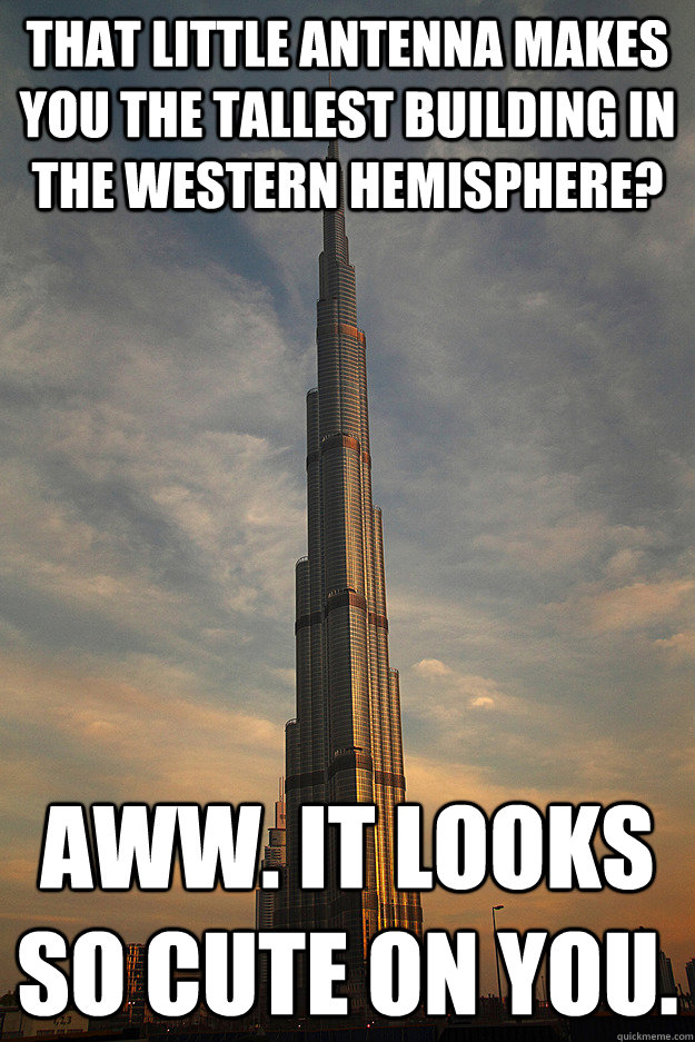 That little antenna makes you the tallest building in the Western Hemisphere? Aww. It looks so cute on you.  Unimpressed Burj Khalifa