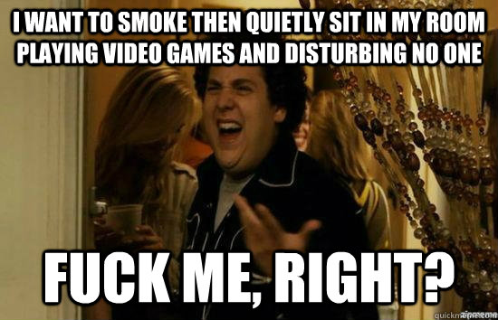 I want to smoke then quietly sit in my room playing video games and disturbing no one fuck me, right?  fuckmeright