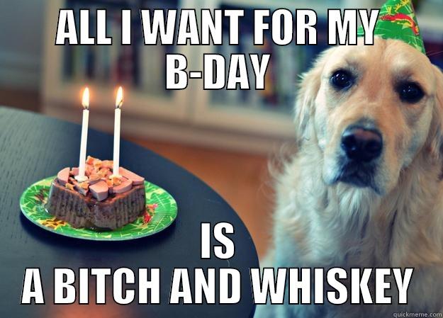 ALL I WANT FOR MY B-DAY IS A BITCH AND WHISKEY Sad Birthday Dog