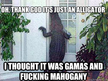 Oh, thank God it's just an alligator i thought it was gamas and fucking mahogany - Oh, thank God it's just an alligator i thought it was gamas and fucking mahogany  Alligator