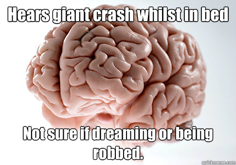 Hears giant crash whilst in bed Not sure if dreaming or being robbed.   Scumbag Brain