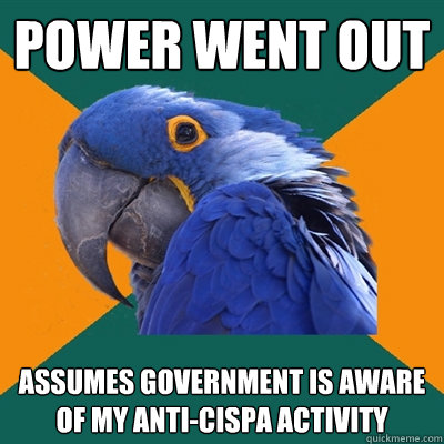Power Went out assumes government is aware of my anti-cispa activity  Paranoid Parrot