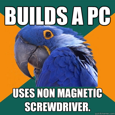 Builds a PC uses non magnetic screwdriver.   Paranoid Parrot