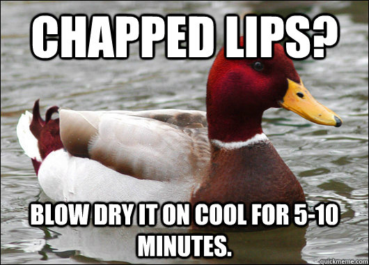 Chapped lips? Blow dry it on cool for 5-10 minutes.  Malicious Advice Mallard
