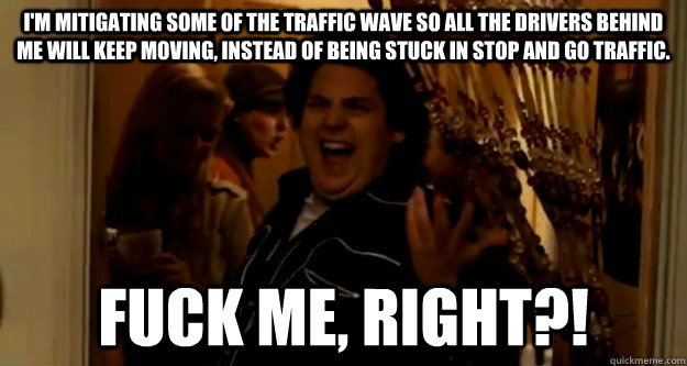 I'm mitigating some of the traffic wave so all the drivers behind me will keep moving, instead of being stuck in stop and go traffic. fuck me, right?! - I'm mitigating some of the traffic wave so all the drivers behind me will keep moving, instead of being stuck in stop and go traffic. fuck me, right?!  Jonah