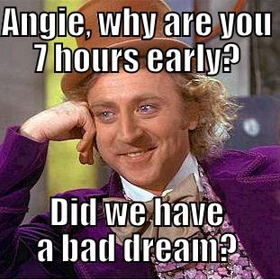 ANGIE, WHY ARE YOU 7 HOURS EARLY? DID WE HAVE A BAD DREAM? Condescending Wonka