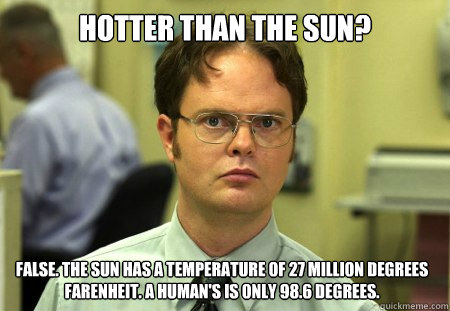 Hotter than the sun? False. The sun has a temperature of 27 million degrees farenheit. A human's is only 98.6 degrees.  Dwight