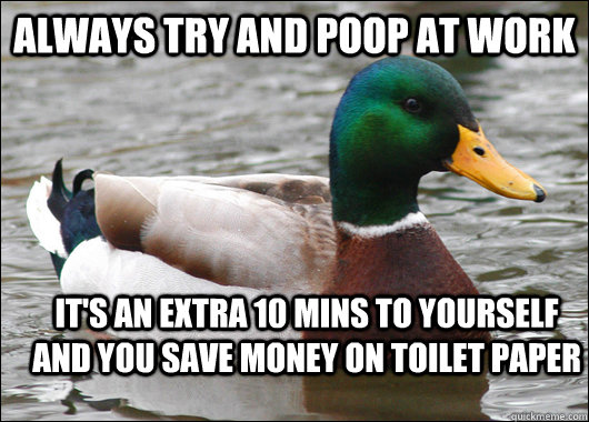 always try and poop at work it's an extra 10 mins to yourself and you save money on toilet paper  Actual Advice Mallard