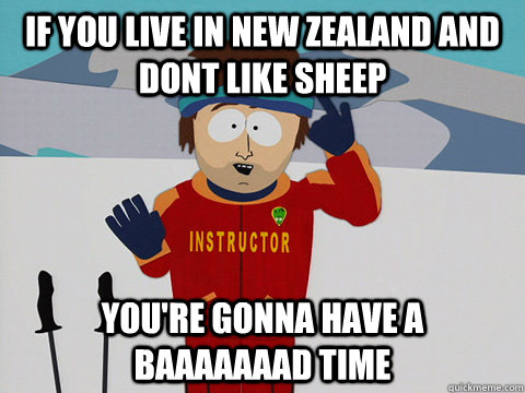 if you live in new zealand and dont like sheep you're gonna have a baaaaaaad time - if you live in new zealand and dont like sheep you're gonna have a baaaaaaad time  Ski instructor