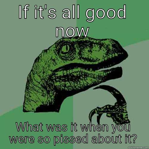 IF IT'S ALL GOOD NOW WHAT WAS IT WHEN YOU WERE SO PISSED ABOUT IT? Philosoraptor