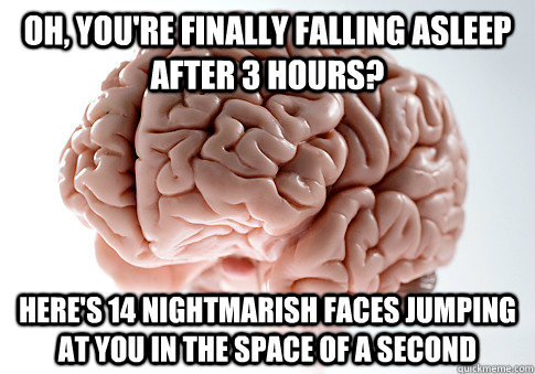 Oh, you're finally falling asleep after 3 hours? here's 14 nightmarish faces jumping at you in the space of a second  Scumbag Brain