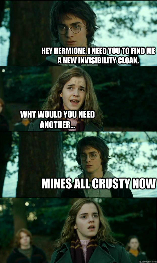 Hey hermione, i need you to find me a new invisibility cloak. why would you need another... mines all crusty now  Horny Harry