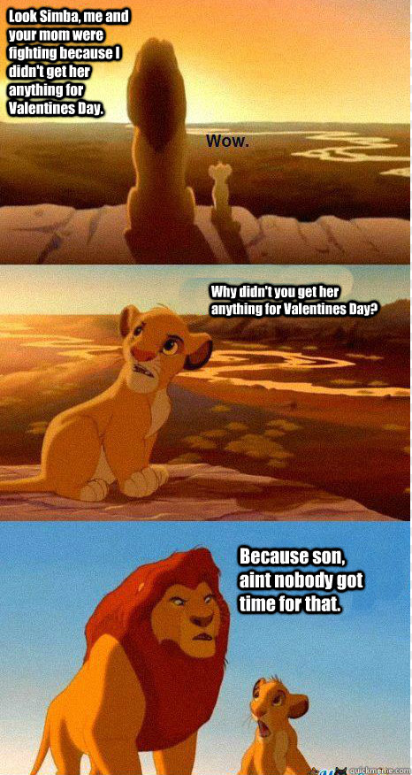 Look Simba, me and your mom were fighting because I didn't get her anything for Valentines Day. Why didn't you get her anything for Valentines Day? Because son, aint nobody got time for that. - Look Simba, me and your mom were fighting because I didn't get her anything for Valentines Day. Why didn't you get her anything for Valentines Day? Because son, aint nobody got time for that.  Mufasa and Simba
