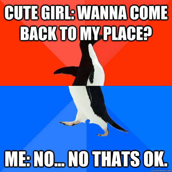 Cute Girl: Wanna come back to my place? Me: No... No thats ok.  Socially Awesome Awkward Penguin