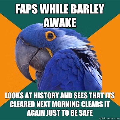 Faps while barley awake Looks at history and sees that its cleared next morning clears it again just to be safe  - Faps while barley awake Looks at history and sees that its cleared next morning clears it again just to be safe   Paranoid Parrot