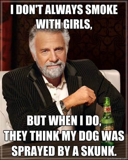 I don't always smoke with girls, But when I do,
They think my dog was sprayed by a skunk.  The Most Interesting Man In The World