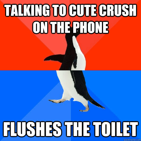 Talking to cute crush on the phone flushes the toilet  Socially Awesome Awkward Penguin