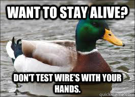 Want to stay alive? Don't test wire's with your hands.  Good Advice Duck
