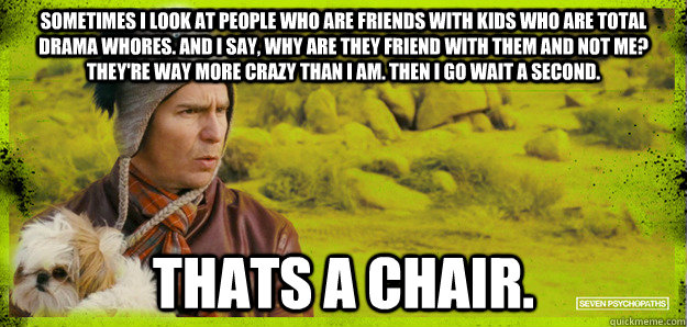 Sometimes I look at people who are friends with kids who are total drama whores. and I say, why are they friend with them and not me? They're way more crazy than I am. Then I go wait a second. Thats a chair. - Sometimes I look at people who are friends with kids who are total drama whores. and I say, why are they friend with them and not me? They're way more crazy than I am. Then I go wait a second. Thats a chair.  Billy Dog