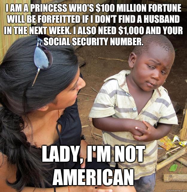 I am a princess who's $100 million fortune will be forfeitted if I don't find a husband in the next week. I also need $1,000 and your social security number. Lady, I'm not american  Skeptical 3rd World Child