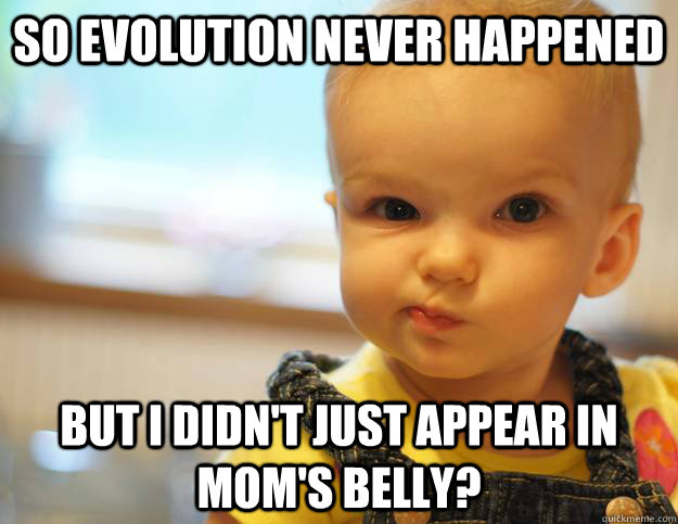 So evolution never happened but I didn't just appear in mom's belly? - So evolution never happened but I didn't just appear in mom's belly?  skeptical baby