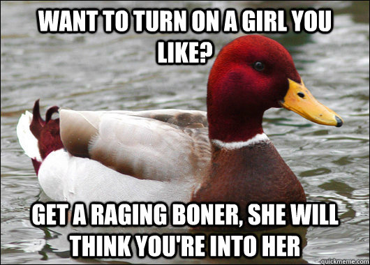 Want to turn on a girl you like? Get a raging boner, she will think you're into her  Malicious Advice Mallard