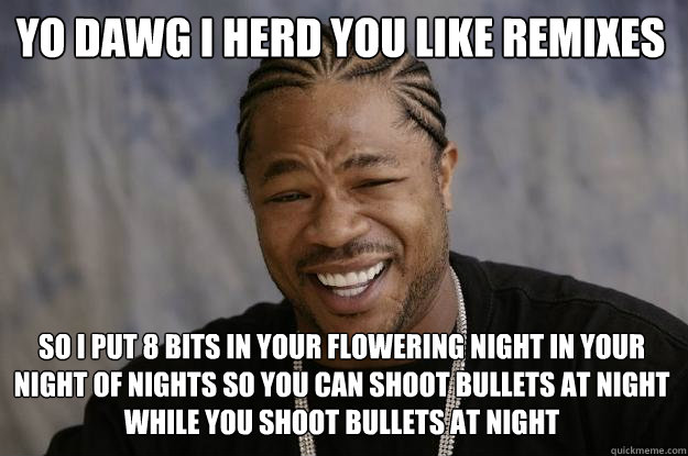 Yo Dawg I herd you like remixes So I put 8 bits in your flowering night in your night of nights so you can shoot bullets at night while you shoot bullets at night  Xzibit meme